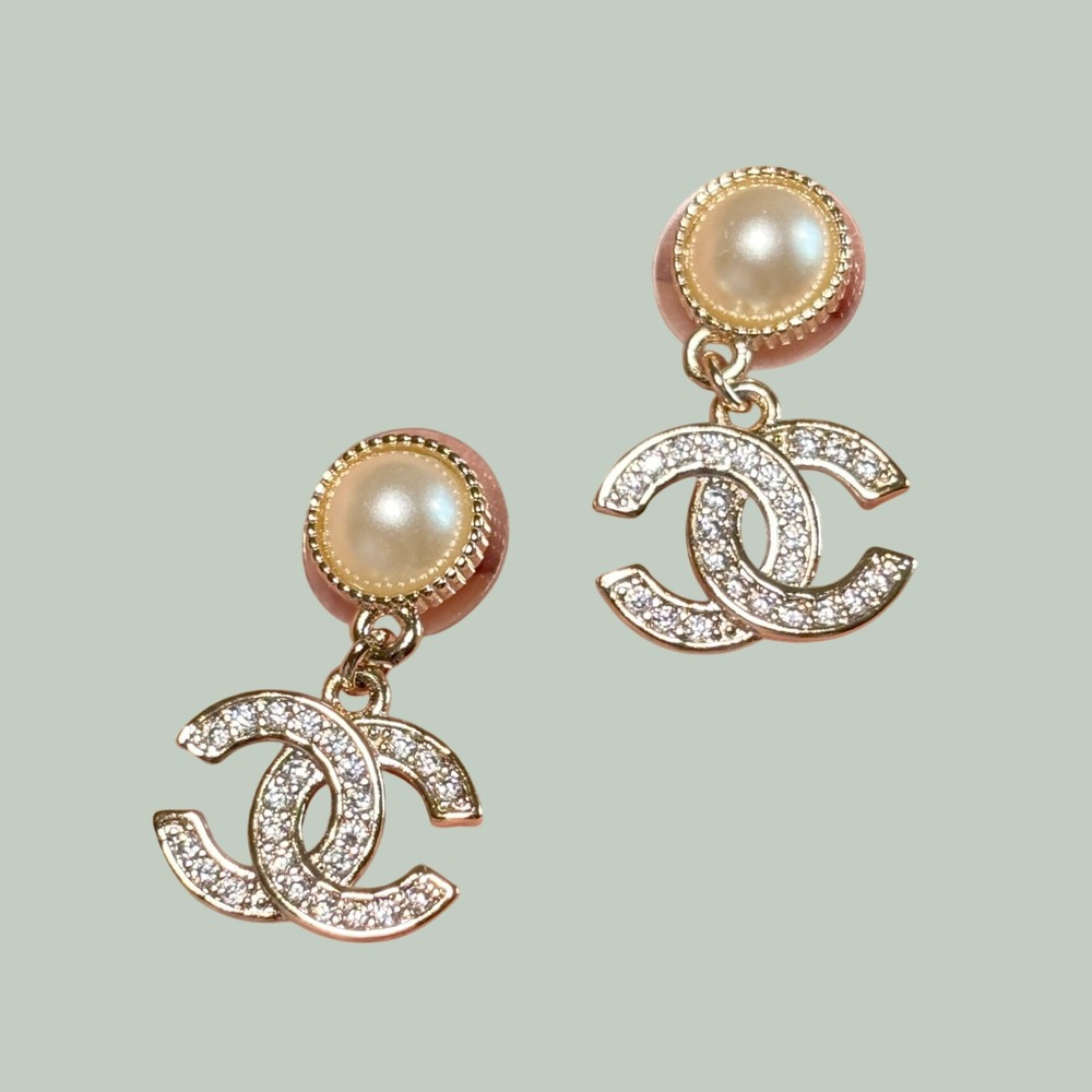 Womens Drop Earrings Gold Tone Faux Pearl Rhinestone Interlocking CC Logo Bridal